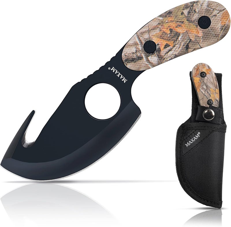 Maxam All in One Fixed Blade Skinning Knife with Gut-Hook, Camo, Full Tang, 7 Inch Knife Includes Nylon Sheath - Image 1